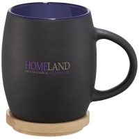 Mok van keramiek met houten deksel tevens onderzetter zwart/blauw