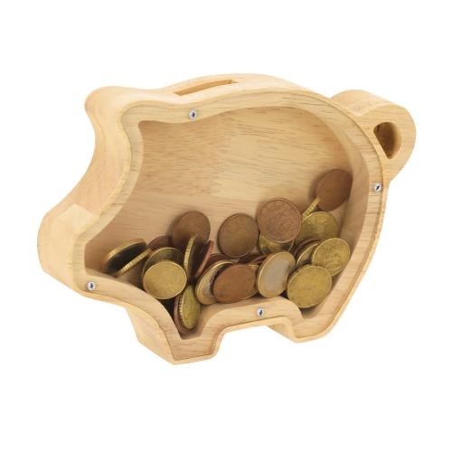 Houten spaarpot met venster Piggy standaard