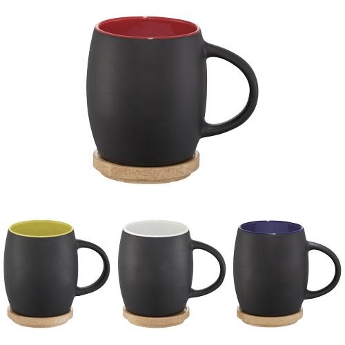 Mok van keramiek met houten deksel tevens onderzetter zwart/blauw
