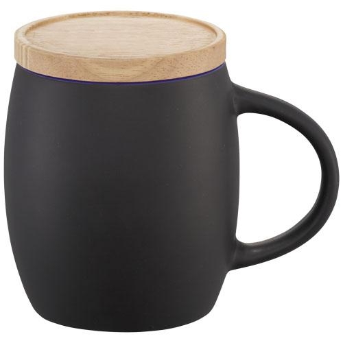 Mok van keramiek met houten deksel tevens onderzetter zwart/blauw