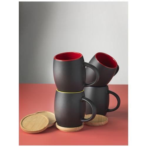 Mok van keramiek met houten deksel tevens onderzetter zwart/blauw