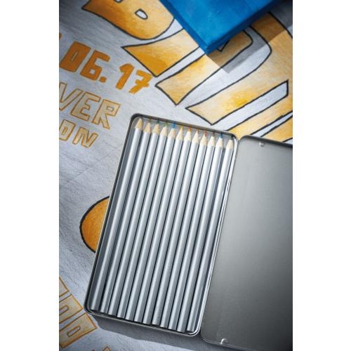 12 zilverkleurige potloden in metalen doos zilver