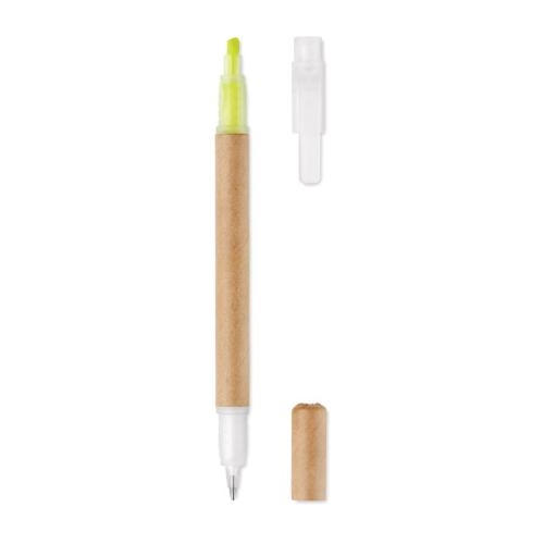 Kartonnen balpen met gele highlighter geel