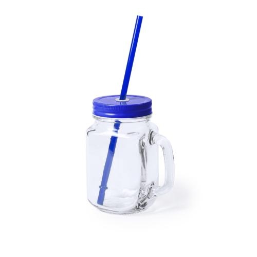 Glazen drinkbeker met rietje blauw