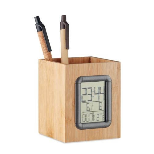 Bamboe pennenbak met LCD klok Manila hout
