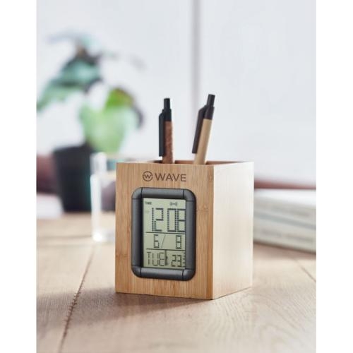 Bamboe pennenbak met LCD klok Manila hout