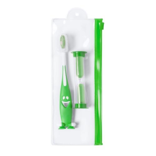 Tandenborstel en zandloper in etui groen