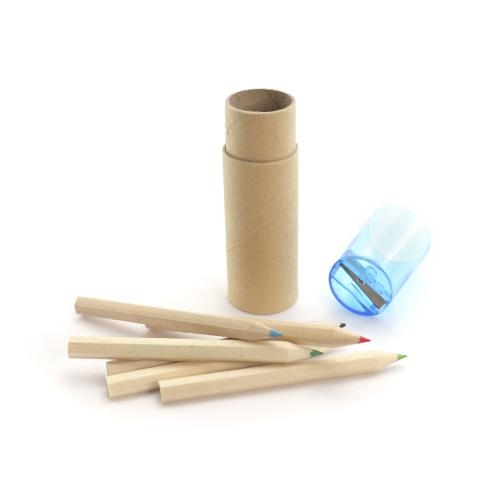 6 houten kleurpotloden in koker blauw