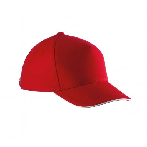 Kinderpet met contrasterende bies rood/wit